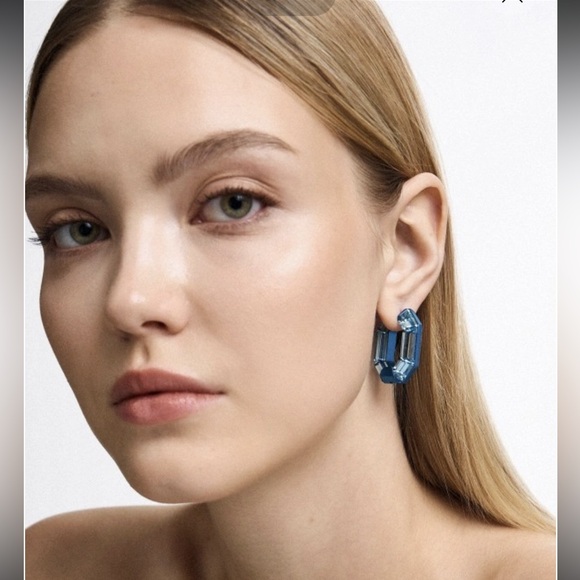 Swarovski Blue Lucent Octagon Hoop Earrings - Picture 8 of 15